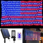 MINIAO American Flag Lights Solar Power, 420LED US Net Lights with Remote, 8 Modes Fairy String Light, Waterproof 6.6 x 3.3 FT Hanging Lights with Spare Plug for July 4th Independence Day Decoration