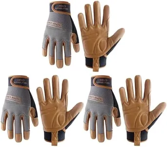 HANDLANDY Leather Work Gloves Mens & Women, Utility Safety Mechanic Working Gloves Touch Screen, Flexible Breathable Yard Work Gloves (X-Large, Brown-Cowhide Palm, Pack of 3)