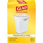 Glad Medium Drawstring Trash Bags, 8 Gallon, White, Fragrance Free, 80 Count