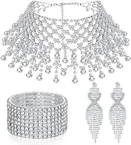 3 Pcs Women Crystal Jewelry Set Includes Bridal Wedding Rhinestone Choker Necklace Crystal Bracelets and Dangle Earrings (Stylish Style)