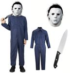 Blue Jumpsuit with Mask Knife,Jumpsuit Halloween Costume Coveralls