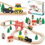 Wooden Train Set for Toddler - 39 Piece- with Wooden Tracks Fits Thomas/Brio/Chuggington/Melissa and Doug- Expandable, Changeable-Train Toy for 3 4 5 Years Old Girls & Boys