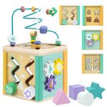 Activity Cube Wooden Toys Montessori Kid's Toys Activity Centre Toys for Boys and Girls 5 in 1 Multi-Function Play Center with Maze, Shape Sorter,Sliding and Spinning Gears for Christmas,Birthday Gift