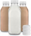 Stock Your Home Liter Glass Milk Bottle with Lid (3 Pack) 32 Oz Jugs and 6 White Caps, Reusable Food Grade Milk Container for Refrigerator, Bottles for Juice, Oat or Plant Milks, Water, Honey