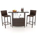 COSTWAY 3PCS Outdoor Rattan Bar Set, Metal Frame Dining Table and Bar Stools with Storage Shelves, 3 Goblet Racks, Glass Tabletop and Footrests, Counter Height Wicker Bistro Set for Deck Poolside