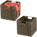 mDesign Natural Woven Hyacinth Cube Organizer Basket with Handles, Storage for Bathroom, Laundry Room Shelf or Nursery - Perfect for Cubby Storage Units - Hold Blankets and Books - 2 Pack, Black Wash