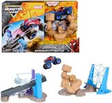 Monster Jam Spiderman Sandman City Battle Playset, 1:64 Scale Monster Truck Toys with Slingshot Launcher, Toys for Kids Ages 3 and Up