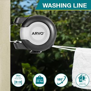 ARVO Double Retractable Washing Line, 30m – Wall Mounted Indoor/Outdoor