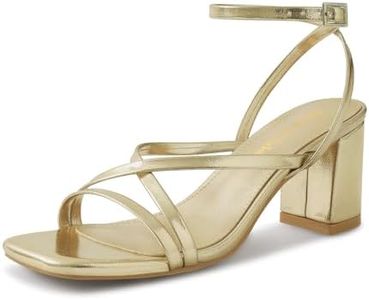 Shoe'N Tale Strappy Heels for Women Block Chunky Heels Open Square Toe Ankle Strap Buckle Sandals, Gold, 7 US