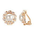 Yoursfs White Pearl Clip On Earrings for Women Rose Gold Plated Vintage Flower and Rhinestone Earrings Cuff Womens Wedding Statement Costume Jewellery Mother's Gift