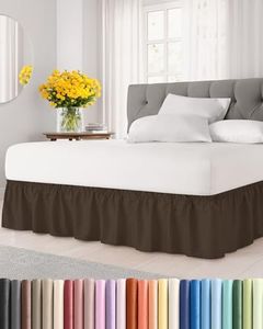Wrap Around Dust Ruffle Bed Skirt – Brown - for King Size Beds with 24 in. Drop – Easy Fit Elastic Strap - Pleated Bedskirt with Brushed Fabric - Wrinkle Free, Machine Wash - by CGK Linens