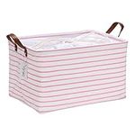 Hinwo 31L Large Capacity Storage Basket Canvas Fabric Storage Bin Collapsible Storage Box with PU Leather Handles and Drawstring Closure, 16.5 by 11.8 inches, Waterproof Inner Layer, Pink Stripe