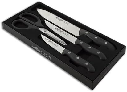 Arcos Juego de Cuchillos de Cocina Cuatro Piezas. 3 Cuchillos Chef y 1 Tijeras Acero Inoxidable y Mango ergonómico polioximetileno para Cortar Carne, Pescado y Verduras. Serie Maitre. Color Negro.