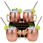 Widousy Moscow Mule Mugs - Set of 4-100% Handcrafted-Pure Solid Mugs 16 oz Gift Set with Bonus ：4 Cocktail Straws