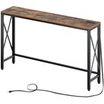 Rolanstar Console Table with Power Outlet, Narrow Sofa Table, 55.1" x 11.8" Farmhouse Table Behind Sofa Couch Hallway Entrance for Living Room, Entryway, Foyer, with Metal Frame, Rustic Brown