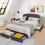 Giantex Upholstered Platform Bed Frame, Full Size Bed w/ 4 Storage Drawers & Adjustable Button-Tufted Headboard, Solid Wooden Slat Support Easy Assembly, Noise Free, No Box Spring Needed, Grey