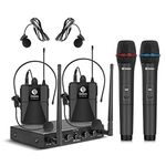 D Debra Pro UHF 4 Channel Wireless Microphone System with Cordless Handheld Lavalier Headset Mics, Metal Receiver, Ideal for Karaoke Church Party (with 2 Handheld & 2 Bodypack (B))