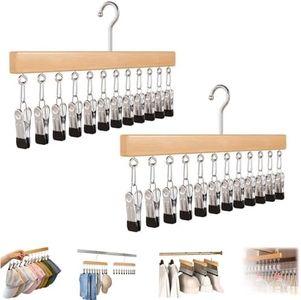 Closet Organizer with 10 Clips, Space Saving Hanging Closet Organizer, Legging Hanger for Closet Organizer with 10 Clip for Storing Jeans, Legging, Shorts (Wood-12 Clips, 2PCS)