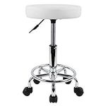 KKTONER PU Leather Round Rolling Stool with Foot Rest Swivel Height Adjustment Spa Drafting Salon Tattoo Work Office Massage Stools Task Chair Small (White)