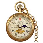 VIGOROSO Mechanical Pocket Watch Classic Tourbillon Watches Men, 24-Hour Moon Phase, Full Copper Vintage Design Hand-Winding Pocket Watches with Chain, Men's Gift