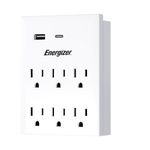 Energizer 8 Device Multi Plug Wall Outlet Extender 6 AC Power Outlet 1 Type C 1 USB A 2.1 Grounded Power Strip Expander Outlet Splitter PlugIn Adapter