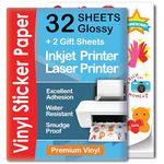 Premium Printable Vinyl Sticker Paper - 32 Sheets - Glossy A4 - Waterproof - Laser & Inkjet Vinyl Sticker Paper - Printable Sticker Paper - for Cricut