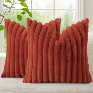 decorUhome Cozy Faux Fur Throw Pillow Covers 26x26 Set of 2 Decorative Soft Plush Striped Modern Farmhouse Boho Couch Euro Sham Pillow Cases with Velvet Back for Sofa Bed Living Room, Rust
