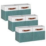 Pomatree 11 Inch Cube Storage Bin - 6 Pack - Linen Fabric Cubby Storage Bins for Bedroom, Living Room, Clothes and Toys, Shelves and Closet Organizer; Foldable, Dual Leather Handles (White & Teal)