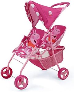 Peppa Pig: Doll Twin Stroller - Pink & White Dots - Fits Dolls Up to 24", Retractable Canopy, Easy to Fold for Storage & Travel, for Dolls Plushes &-Stuffed Animals, Pretend Play for Kids Ages 3+