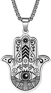 Hamsa Necklace Vintage Evil Eye Necklace Hamsa Hand of Fatima Pendant Necklace for Men Women, Handmade Third Eye Turkish Eye Hamsa Pendant Necklace Success and Protection Lucky Jewelry, Stainless