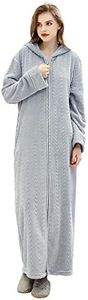 Hellomamma Long Hooded Zipper Bathrobe for Womens Flannel Fleece Robes Winter Warm Housecoat Nightgown Sleepwear Pajamas, Light Grey, Small-Medium