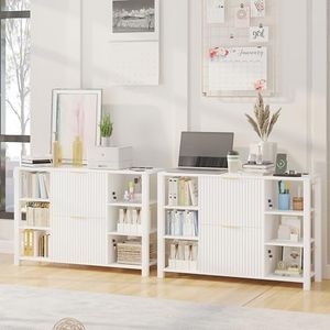 ZKIODV File Cabinet for Home Office, Fluted Filing Cabinet with 2 Drawers Fit Letter/Legal/A4 Folders with Tabs, 6 Shelves Cabinet with Locks, Printer Stand with Charging Station (Set of 2, White)