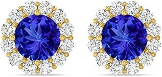 INSPEREZA NEW YORK Round Tanzanite and Round Diamond Halo Stud Earrings in 14 Carat Gold (6 MM Tanzanite)