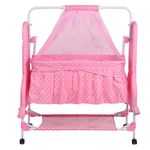 MOREYAJI New Born Baby Soft Seat Cradle with Swing and Mosquito Net, Four Wheels with Brake Lock for Swing Cradle/Jhula/Palna/Bed/Baby Safe for 0-8 Months (Pink)