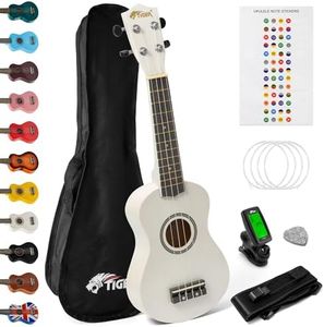 Tiger UKEKIT-WH Soprano Ukulele Kit – Suitable for Beginners and Children – Chromatic Tuner, Strap, Carry Bag, Notes Sticker, Felt Pick, Spare Strings, with Aquila Strings Fitted - White