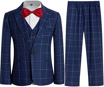 Boys Plaid Suit Set 4 Pieces Blazer Vest Pants Classic Formal Suit for Wedding Party, Blue, 7 Years