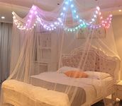 Bed Canopy with LED Star Lights, White Canopy Bed Curtain with RGB Color Changing String Lights with Smart App Control Remote for Princess Girls Bedroom, Suggested for Twin Full Queen King Bed