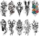 Briyhose 10 Sheets Skull Flower Realistic Temporary Tattoos For Women Arm, Sexy Large Rose Skull Snake Floral Fake Tattoos Sleeve Adult Girl, Black Skeleton Temp Tatoo Sticker Thigh Back Leg Body Art