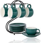 Porcelain Expresso Cups(135ml) with Saucers & Metal Stand, Candiicap Demitasse Cups Set for Coffee, Cappuccino, Latte, Expresso, Americano, Tea (135ml,Matte Green)