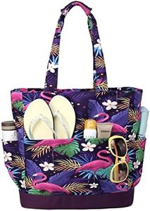 Beach Bag for Women,VASCHY Lightweight Large Water Resistant Sandproof Fold-able Packable Pool Tote Bag w Zipper/Pockets for Vacation Purple Flamingo