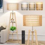 OUTON Boho Rattan Tripod Floor Lamp with Shelves, 3 Color Temperature, Dimmable Mid Century Modern Wood Standing Lamp with Remote, Tall Lamps for Living Room Bedroom Office Farmhouse, Wood