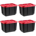 IRIS USA 45 Liter Stackable Heavy Duty Totes for Truck, 4 Pack, BPA-Free Tough Storage Bins, Garage Organizing Container with Durable Snap Lid, Black/Red