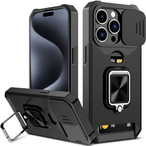 for iPhone 15 Pro Max Case with [Card Holder Slot][Stand Kickstand Ring][Sliding Window] Tough Slim Heavy Duty Defender Armor Shockproof Military Grade Dual Layerfor iPhone 15 Pro Max Case Cover