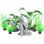 Vtapliea 6PCS Fish Tank Decorations Buddha Statue Aquarium Decorations Betta Fish Tank Accessories Ornament Small Meditating Sandstone Buddha Statue Plastic Plants for Underwater Betta Fish