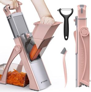 ZTQCSQ 2025 [All in 1] Upgraded Version Safe Mandoline Slicer for Kitchen, Adjustable Thickness. Veggie Slicer, Rapid Prep Mandoline, Detachable Blade, with Cleaning Brush/Paring Knife (GrayPink)