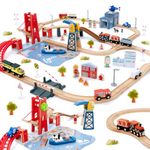 Giant bean 117 Pcs Busy Port City Train Set for Kids- Expandable & Changeable Wooden Train Tracks Set Toddler Toy, Gift for Boys and Girls Ages 3+, Fits for Thomas The Train, Brio, Melissa & Doug