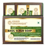 Khadi Organique Natural Herbal Basil Scrub Soap Pack of 3 (100% Handmade & Organic Soap)