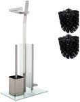 WC Set with roll Holder - Brushed Chrome – Toilet Paper Holder - Stainless Steel Chrome-Plated – Glass Base –Dim.: 32x20x70cm– Easy Installation – Plus: 1+2 Extra Toilet Brush Heads for Exchange!