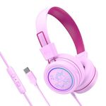 MEE audio KidJamz KJ55 Safe Listening USB-C Headphones for Children with Multicolor LED Lights, Volume Limiter, & Microphone; On-Ear Wired Kids Headset for iPhone 16, iPad, & USB Type C Devices (Pink)