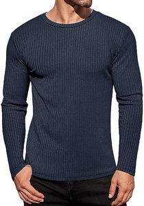 Ekouaer Men's Long Sleeve Shirts Ribbed Pullover Sweater Sim Fit Thermal Tops Crew Neck Stretchy Undershirts Navy Blue XXL